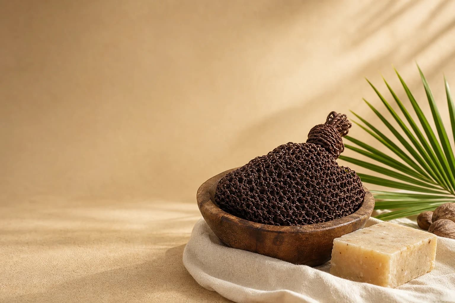 Traditional African exfoliating net sponge resting in a wooden bowl beside shea soap