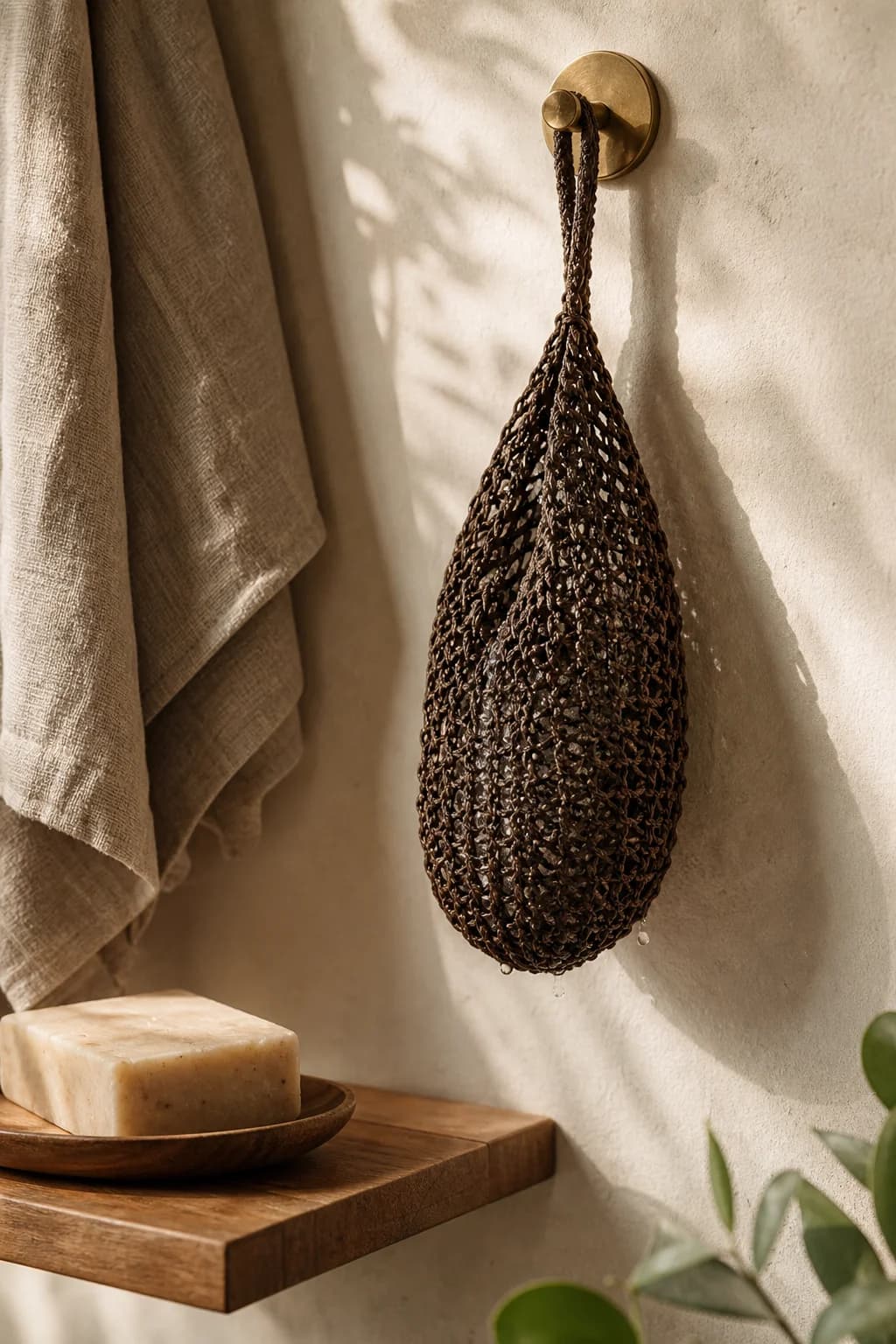 Net sponge hanging to dry beside a linen towel and shea soap
